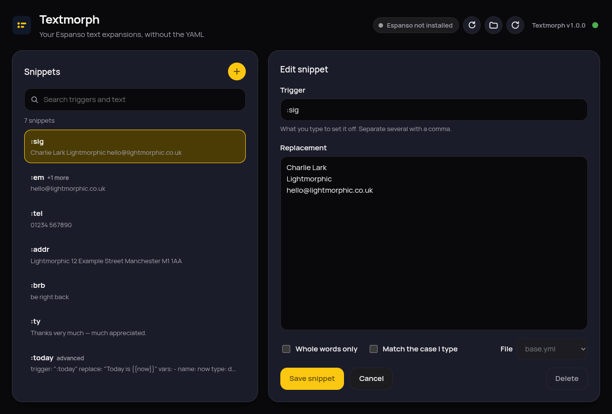 Lightmorphic Text's main window in dark mode: a searchable list of snippets on the left, the editing form on the right