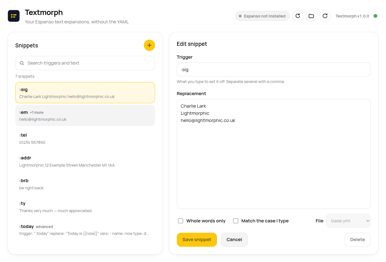 Lightmorphic Text's main window: a searchable list of snippets on the left, the editing form on the right