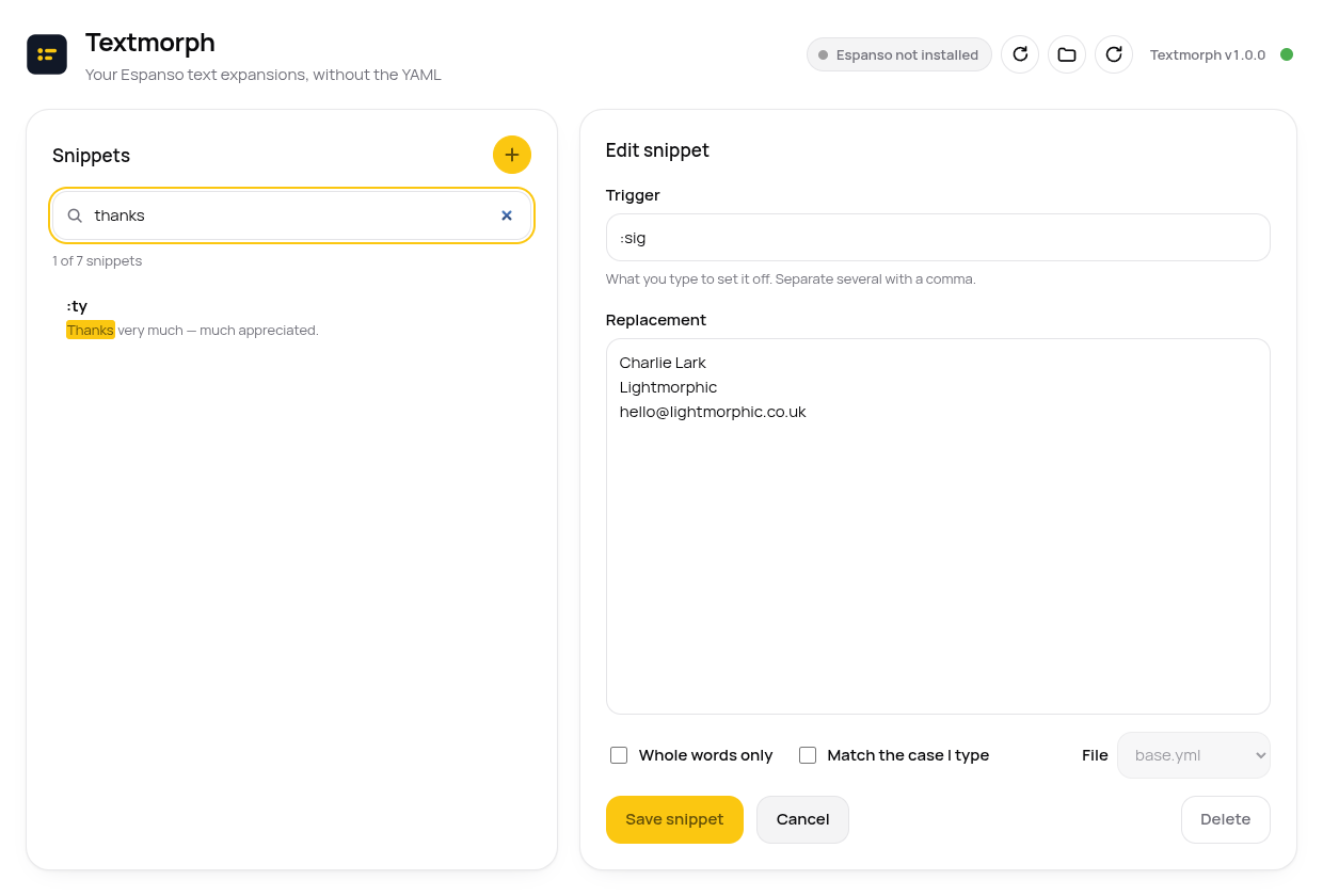 Searching in Lightmorphic Text: the list narrows as the query is typed